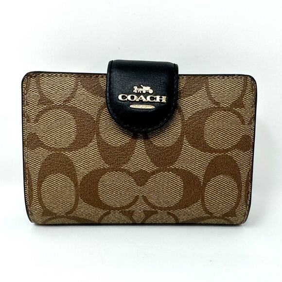Coach Medium Corner Zip Wallet In Signature Canvas Khaki Black C0082 - Picture 1 of 9